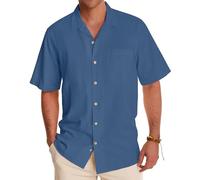 Alimens & Gentle Herren-Leinenhemden, kurzärmelig, Button-Down-Shirt, Baumwolle, Sommer, Strand, kubanische Hemden, Urlaub, Hawaii-Hemden, Denim Blau, XL