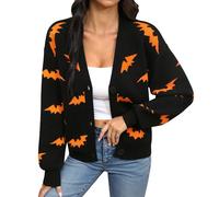 ALIREVERIE Damen Halloween Gruseliger Cropped-Cardigan Langarm Knopfleiste Skelett Strickpullover, Schwarze Fledermaus, Small