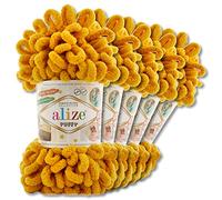 Wohnkult Alize 5 x 100 g Puffy Wolle Chenille Schlaufenwolle Häkeln und Stricken ohne Hilfsmittel Kleidung Accesoire Decken Teppiche (02 | Senf)