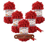 ALIZE 5 x 100g Puffy Fine 56 Red Premium Wolle Schlaufengarn Fingerstrickgarn kuschelweich für Decken, Kissen und Wohnaccessoires stricken ohne Nadeln mit mySearose Label