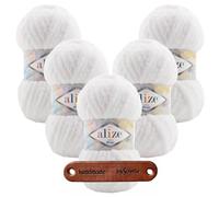 ALIZE 5 x 100g Softy Mega 55 White Premium Wolle Superweiches bulky Chenillegarn für Stricken & Häkeln von Decken, Kissen, Amigurumi und Wohnaccessoires mit mySearose Label