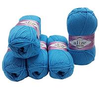 Alize 5 x 100g Strickwolle Cotton Gold mit 55% Baumwolle, 500 Gramm Wolle einfarbig (türkis 287)