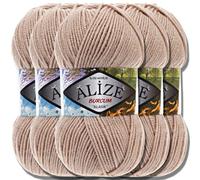 Alize 5x 100g Burcum Klasik Classic Türkische Premium Wolle 100% Acryl Handstrickgarne Uni Einfarbig | Garn | Yarn Babywolle Strickgarn zum Baby Häkeln Stricken (Beige | 256)