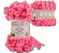 Alize 5x 100g Puffy türkische Wolle Super Bulky Chenillegarn Kuschelweich Babywolle Handstrickgarn zum häkeln weiches Chenille-Garn XXL-Knäuel für Amigurumi (Vivid Pink | 377)