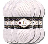 Alize 5x 100g Superlana Megafil Türkische Wolle Super Bulky Chenillegarn Babywolle Handstrickgarn häkeln weiches Chenille-Garn XXL-Knäuel für Amigurumi Yarn Garn (White | 55)