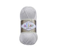 Alize Diva Acrylgarn mit seidiger Wirkung, 100 % Mikrofaser, Häkelarbeit, Kunst, Spitze, Handwerk, 2 Knäuel, je Knäuel 100 g, 350 m - 168 Hellgrau