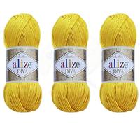 Alize Diva-Garn, Handstrickgarn, 100 % Mikrofaser, Acrylgarn, Alize Diva Seideneffekt, Häkeln, Kunst, Spitze, Handarbeit, 3 Knäuel, 300 g 110 - Gelb