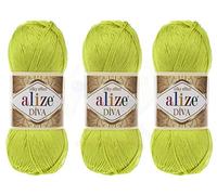 Alize Diva Garn, Handstrickgarn, 100 % Mikrofaser, Acrylgarn, Alize Diva, Seideneffekt, Häkelkunst, Spitzenhandwerk, Lot von 3 Knäueln, 400 g, 1314 Yds Farbe (109 - Limette)