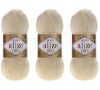 Alize Diva-Garn, Handstrickgarn, 100 % Mikrofaser, Acrylgarn, Alize Diva, Seideneffekt, Häkelkunst, Spitzenhandwerk, 3 Knäuel, 400 g, 1314 m, Farbe (1 - Creme)