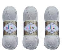 Alize Diva-Garn, Handstrickgarn, 100 % Mikrofaser, Acrylgarn, Alize Diva, Seideneffekt, Häkeln, Kunst, Spitze, Handwerk, Lot von 3 Knäueln, 400 g, 1300 m, Farbe (168 - Hellgrau)