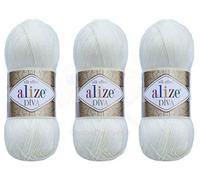 Alize Diva-Garn, Handstrickgarn, 100 % Mikrofaser, Acrylgarn, Alize Diva Seideneffekt, Häkeln, Kunst, Spitze, Handarbeit, 3 Knäuel, 300 g 1055 - Zuckerweiß