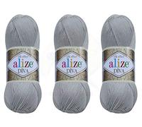 Alize Diva-Garn, Handstrickgarn, 100% Mikrofaser, Acrylgarn, Alize Diva, Seideneffekt, Häkeln, Kunst, Spitze, Handwerk, Lot von 3 Knäueln, 400 g, 1300 m, Farbe (355 - Grau)