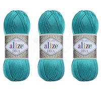 Alize Diva-Garn, Handstrickgarn, 100 % Mikrofaser, Acrylgarn, Alize Diva, Seideneffekt, Faden, Häkeln, Kunst, Spitze, Handwerk, Lot von 3 Knäueln, 400 g, 1300 m, Farbe (376 - Cyan)