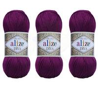 Alize Diva-Garn, Handstrickgarn, 100 % Mikrofaser, Acrylgarn, Alize Diva, Seideneffekt, Faden, Häkeln, Kunst, Spitze, Handwerk, Lot von 3 Knäueln, 400 g, 1300 m, Farbe (297 - Pflaume)