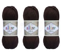 Alize Diva Garn, Handstrickgarn, 100 % Mikrofaser, Acrylgarn, Alize Diva, Seideneffekt, Häkelkunst, Spitzenhandwerk, Lot von 3 Knäueln, 400 g, 1314 m, Farbe (26 - Braun)
