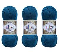 Alize Diva-Garn, Handstrickgarn, 100 % Mikrofaser, Acrylgarn, Alize Diva, Seideneffekt, Häkelkunst, Spitzenhandwerk, Lot von 3 Knäueln, 400 g, 1314 Yds Farbe (646 - Mykonos Blau)