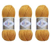 Alize Diva Garn, Handstrickgarn, 100 % Mikrofaser, Acrylgarn, Alize Diva, Seideneffekt, Häkelkunst, Spitzenhandwerk, Lot von 3 Knäueln, 400 g, 1314 Yds Farbe (488 - Safran)