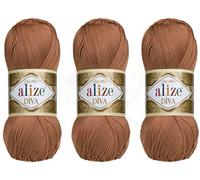Alize Diva-Garn, Handstrickgarn, 100 % Mikrofaser, Acrylgarn, Alize Diva Seideneffekt, Häkeln, Kunst, Spitze, Handarbeit, 3 Knäuel, 300 g 261 - Rotbraun