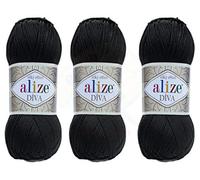 Alize Diva-Garn, Handstrickgarn, 100 % Mikrofaser, Acrylgarn, Alize Diva Seideneffekt, Häkeln, Kunst, Spitze, Handarbeit, 3 Knäuel, 300 g 60 - Schwarz