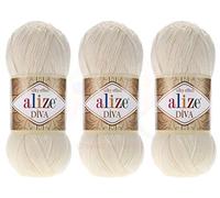 Alize Diva-Garn, Handstrickgarn, 100 % Mikrofaser, Acrylgarn, Alize Diva, Seideneffekt, Häkeln, Kunst, Spitze, Handwerk, Lot von 3 Knäueln, 400 g, 1300 m, Farbe (62 - Hellcreme)