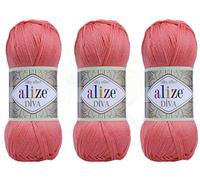 Alize Diva-Garn, Handstrickgarn, 100 % Mikrofaser, Acrylgarn, Alize Diva Seideneffekt, Häkeln, Kunst, Spitze, Handarbeit, 3 Knäuel, 300 g 619 - Koralle