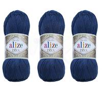 Alize Diva-Garn, Handstrickgarn, 100% Mikrofaser, Acrylgarn, Alize Diva, Seideneffekt, Häkeln, Kunst, Spitze, Handwerk, Lot von 3 Knäueln, 400 g, 1300 m, Farbe (279 - Mitternachtsblau)