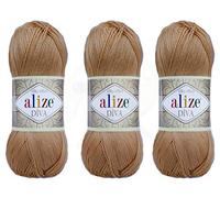 Alize Diva-Garn, Handstrickgarn, 100 % Mikrofaser, Acrylgarn, Alize Diva, Seideneffekt, Häkeln, Kunst, Spitze, Handwerk, Lot von 3 Knäueln, 400 g, 1300 m, Farbe (369 - Karamell)
