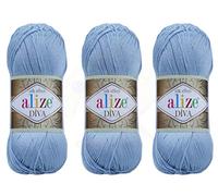 Alize Diva-Garn, Handstrickgarn, 100 % Mikrofaser, Acrylgarn, Alize Diva Seideneffekt, Häkeln, Kunst, Spitze, Handarbeit, 3 Knäuel, 300 g 350 - Meeresblau