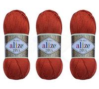 Alize Diva-Garn, Handstrickgarn, 100 % Mikrofaser, Acrylgarn, Alize Diva, Seideneffekt, Häkeln, Kunst, Spitze, Handwerk, Lot von 3 Knäueln, 400 g, 1300 m, Farbe (36 - Terra)
