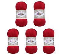 Alize Diva Handstrickgarn, seidiger Effekt, %100 Mikrofaser, Acrylgarn, Häkeln, Kunst, Spitze, Handwerk, 5 Knäuel, 500 g, 106 m, Rot