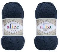 Alize Diva Yarn Handstrickgarn, 100 % Mikrofaser-Acrylgarn, Alize Diva, Seiden-Effekt, Häkelgarn, Kunst, Spitze, Basteln, 2 Knäuel, 200 g, 760 Yds (361-Navy)