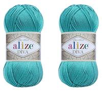 Alize Diva Yarn Handstrickgarn, 100 % Mikrofaser-Acrylgarn, Alize Diva, Seideneffekt, Häkelgarn, Kunst, Spitze, Handwerk, 2 Knäuel, 200 g, 760 Yds (376 Cyan)