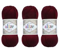 Alize Diva Yarn Handstrickgarn, 100 % Mikrofaser-Acrylgarn, Alize Diva, Seideneffekt, Häkelgarn, Kunst, Spitze, Handwerk, 3 Knäuel, 400 g, 1300 m, Farbe (57 - Bordeaux)