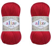 Alize Diva Yarn Handstrickgarn, 100 % Mikrofaser-Acrylgarn, Alize Diva, Seideneffekt, Häkelgarn, Kunst, Spitze, Basteln, 2 Knäuel, 200 g, 760 Yds (106 rot)