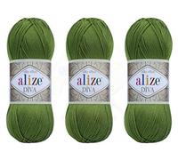 Alize Diva Yarn Handstrickgarn, 100 % Mikrofaser-Acrylgarn, Alize Diva, Seideneffekt, Häkelgarn, Kunst, Spitze, Basteln, 3 Knäuel, 400 g, 1300 m, Farbe (210 - Grün)