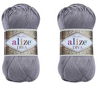 Alize Diva Yarn Handstrickgarn, 100 % Mikrofaser-Acrylgarn, Alize Diva, Seideneffekt, Häkelgarn, Kunst, Spitze, Handwerk, 2 Knäuel, 200 g, 200 m, 348 SMOKY