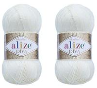 Alize Diva Yarn Handstrickgarn, 100% Mikrofaser-Acrylgarn, Alize Diva, Seideneffekt, Häkelkunst, Spitze, Basteln, 2 Knäuel, 200 g, 1055-Sugar White