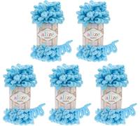 Alize Puffy 5 x 100 Gramm Strickwolle, 500 Gramm Fingerstrick - Wolle super Bulky, Schlaufenwolle, Stricken ohne Nadel (blau 287)