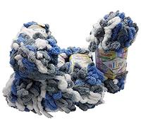 5 x 100 Gramm Strickwolle Alize Puffy Color, 500 Gramm Fingerstrick - Wolle mehrfarbig super bulky, Schlaufenwolle, Stricken ohne Nadel (blau grau weiss 6075)