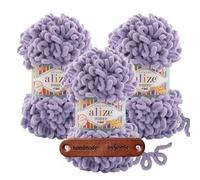 ALIZE Puffy Fine 166 Premium Wolle 3 x 100g Schlaufengarn Fingerstrickgarn kuschelweich für Decken, Kissen und Accessoires Stricken ohne Nadeln mit mySearose Label