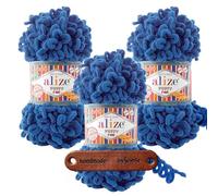 ALIZE Puffy Fine 637 Indigo Premium Wolle 3 x 100g Schlaufengarn Fingerstrickgarn kuschelweich für Decken, Kissen und Accessoires Stricken ohne Nadeln mit mySearose Label