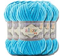 Alize Velluto 5x 100g Türkische Strickwolle super Bulky Wolle zum Häkeln Uni Farbe Babywolle Flauschgarn Filzwolle Kuschelwolle (Ocean | 16)