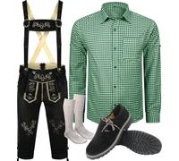 ALL THE GOOD Herren Trachtenset Trachtenlederhose Trachten Set Schwarze Oktoberfest Lederhose Gruenes Trachtenhemd Haferlschuhe und Socken Bayerisches 5 teiliges S4