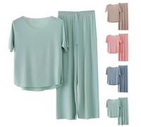 Allbestop Pyjama Damen Kurz Eisseide Schlafanzughose Damen Lang Nachtwäsche Für Frauen Pjama Set Für Einfarbig Hausanzug Zweiteiliger Weich Kurzarm Gerippt Kurzarmoberteil Mit Lange Hose 3XL