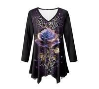 Allcute Lange Blusen für Damen, V-Ausschnitt, weich, lockere Passform, Übergröße, langärmelig, amerikanische Flagge, Tunika, Tops, Lila glitzernde Rose, 5XL