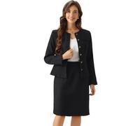 Allegra K Anzug-Set für Damen, 2-teiliges Outfit, Tweed, Schößchen, kragenloser Blazer, Jacke und Rock-Sets Schwarz L