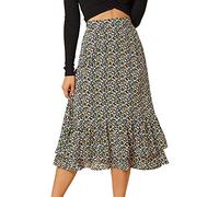Allegra K Bedruckter Damenrock 2025, Wochenende, trendiger Sommer, Chiffon, Rüschen, gestuft, fließend, Midi-Röcke, Dunkelblau-Blumenmuster, Mittel