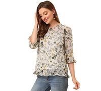 Allegra K Chiffon-Blusen für Damen, leger, 3/4-Ärmel, Oberteile mit Blumenmuster, Beige, Groß