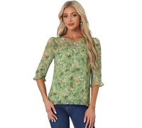Allegra K Chiffon-Blusen für Damen, leger, 3/4-Ärmel, Oberteile mit Blumenmuster, grün / weiß, Groß