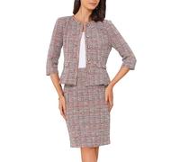 Allegra K Damen 2 Stück Tweed Rock Set Anzugjacke Bleistiftrock Elegant Business Anzüge für Frauen 2025, Rot/Ausflug, einfarbig (Getaway Solids), Klein